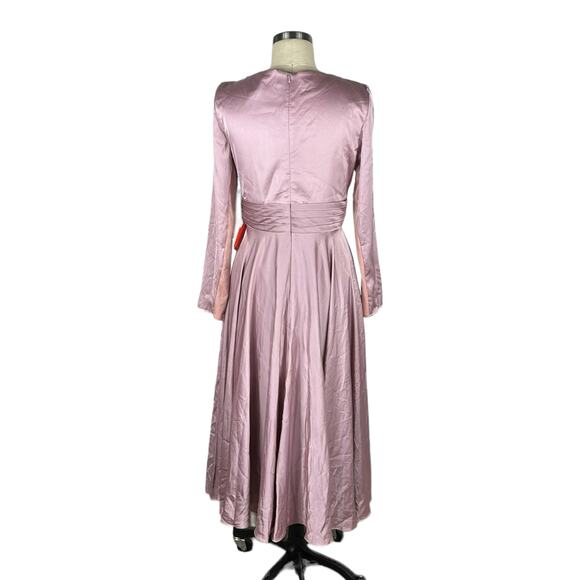 MAC DUGGAL 67527 Pink Satin Long Sleeve V-Neck Midi Cocktail Formal Dress 8 NWT - Picture 3 of 9